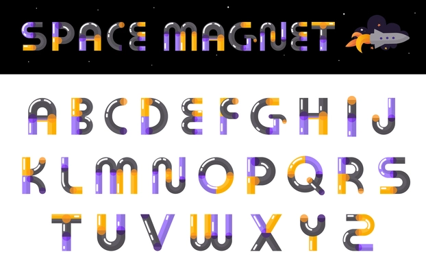 Creative space magnet theme alphabet font design clearly visible calling attention multicolored glossy letters set vector illustration
