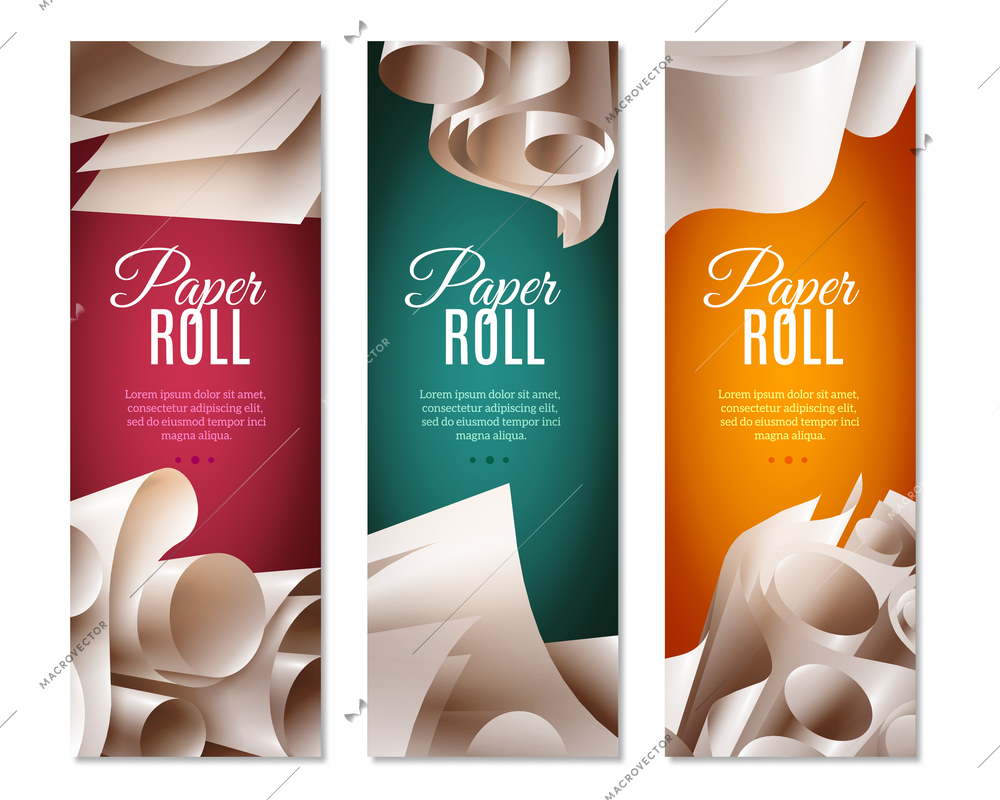 Realistic set of three colorful vertical banners with 3d blank paper rolls and text field isolated on white background vector illustration