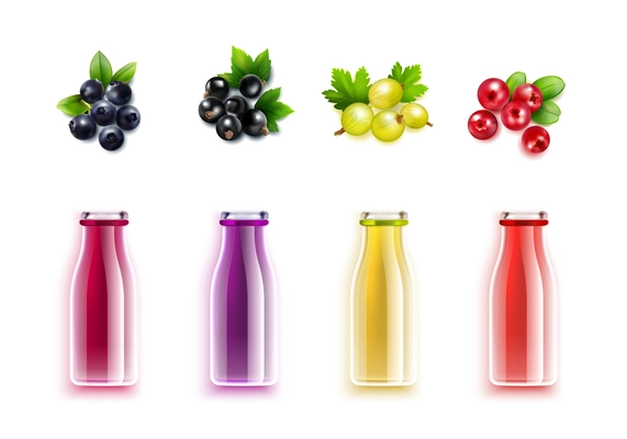 Berry juice realistic set with colored bottles and brushes of blueberry cranberry gooseberry and black currant vector illustration