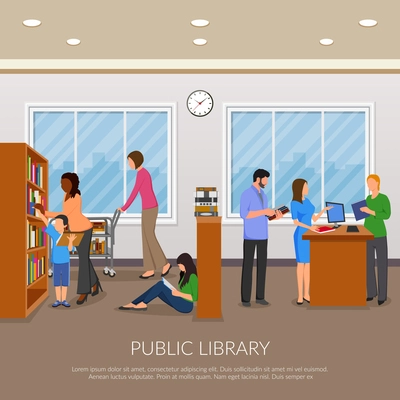 Public library composition with books bookshelf and people flat vector illustration