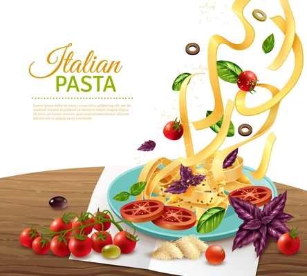 Italian fettuccine pasta with tomatoes olives and herbs realistic concept poster vector illustration