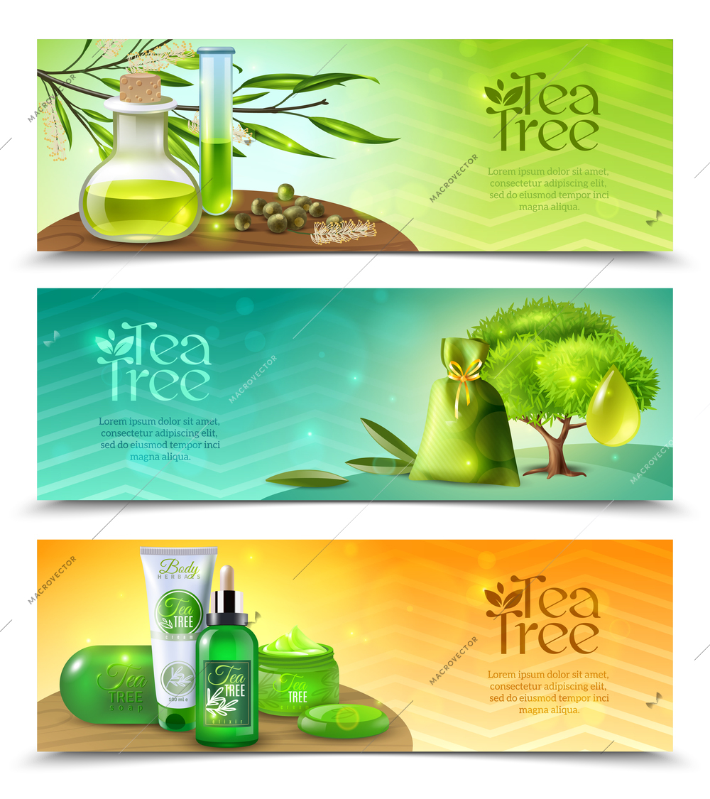 Three horizontal realistic banners with tea tree oil natural organic cosmetics isolated on white background vector illustration