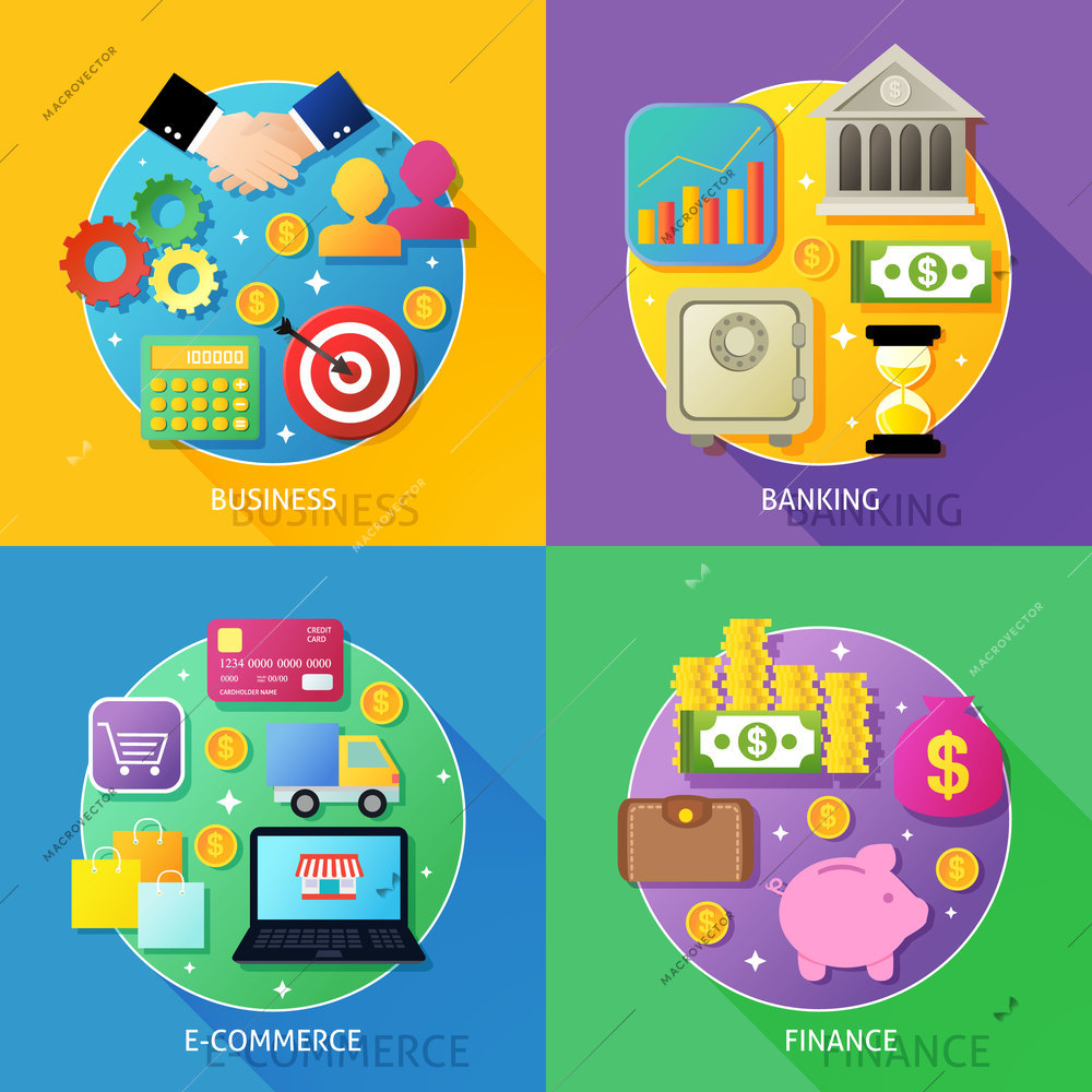 Business process concept of banking e-commerce finance icons set vector illustration