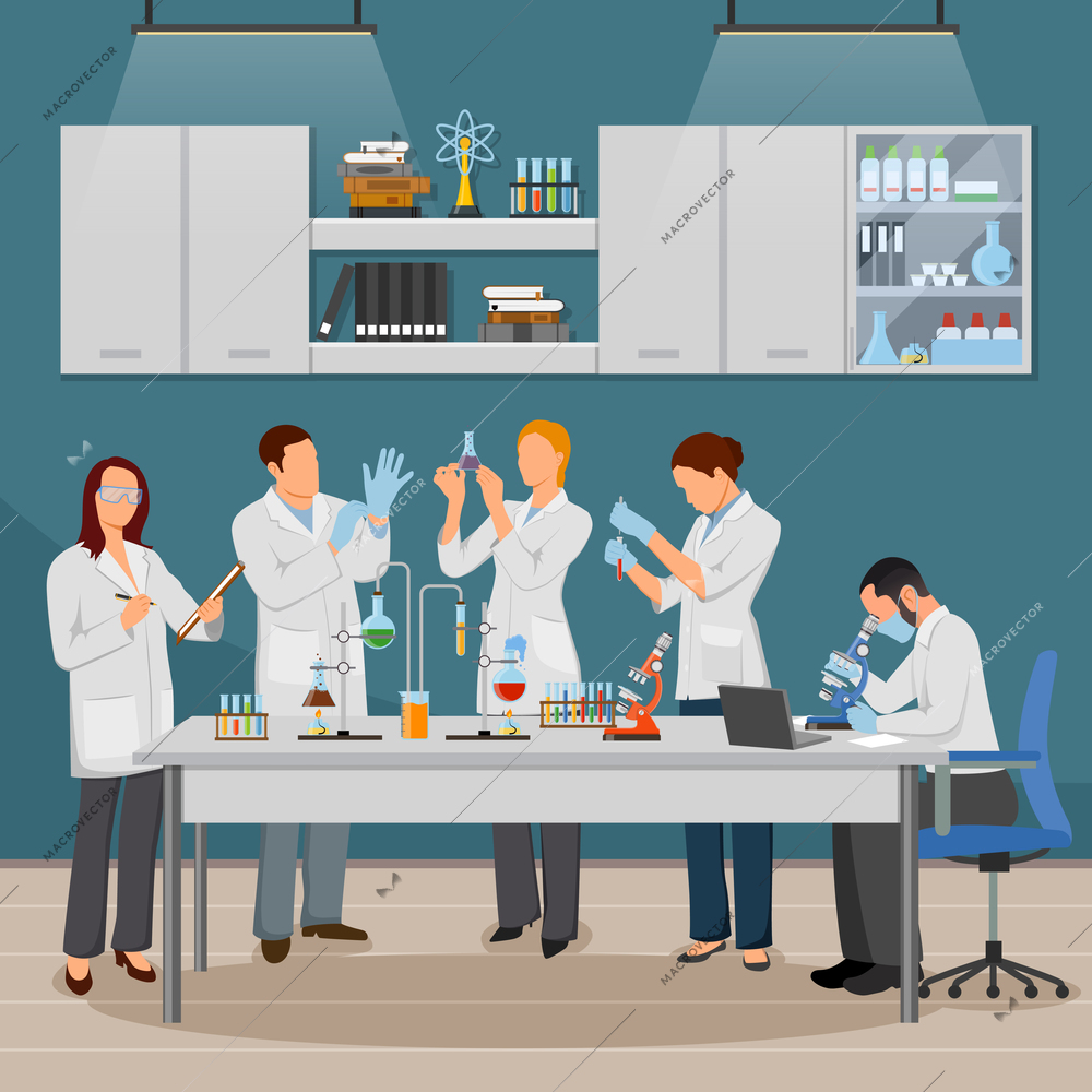 Science and laboratory composition with experiment and research symbols flat vector illustration