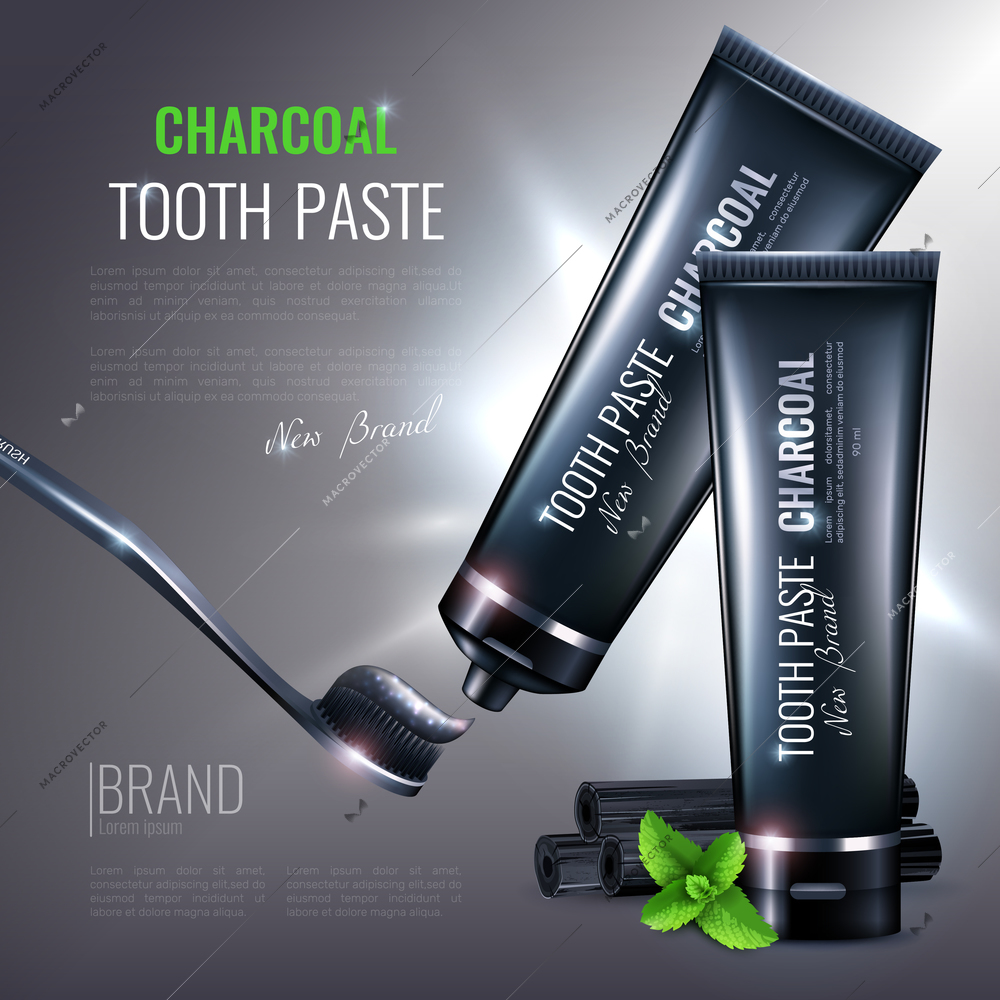 Charcoal toothpaste poster composition with images of branded tubes and tooth brush with editable text description vector illustration