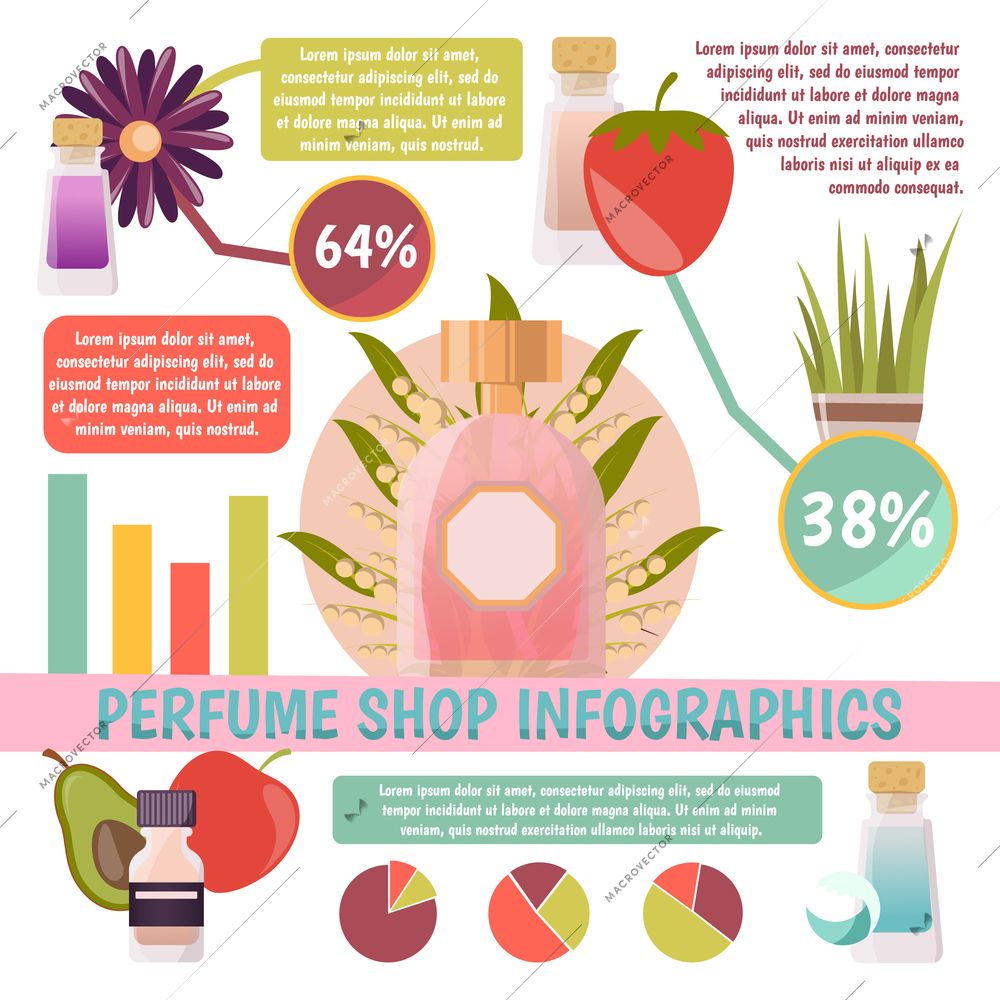 Perfume shop infographics with information and charts about scents and their components on white background vector illustration