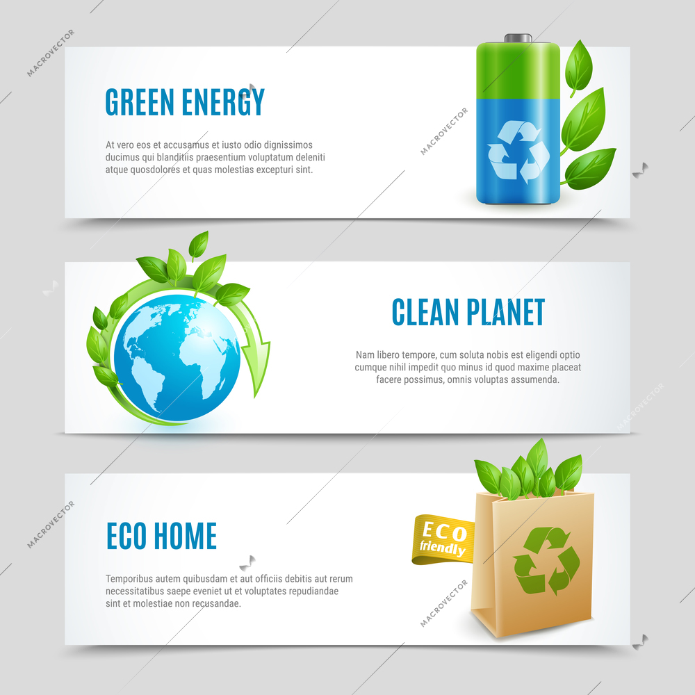 Ecology horizontal banners in paper design with green energy clean planet and eco home realistic signs vector illustration