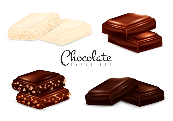 Chocolate types set of isolated images with pieces of dark white and milk chocolate with nuts vector illustration