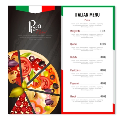 Pizza menu design with realistic images of pizza slices with italian national symbolics and editable text vector illustration