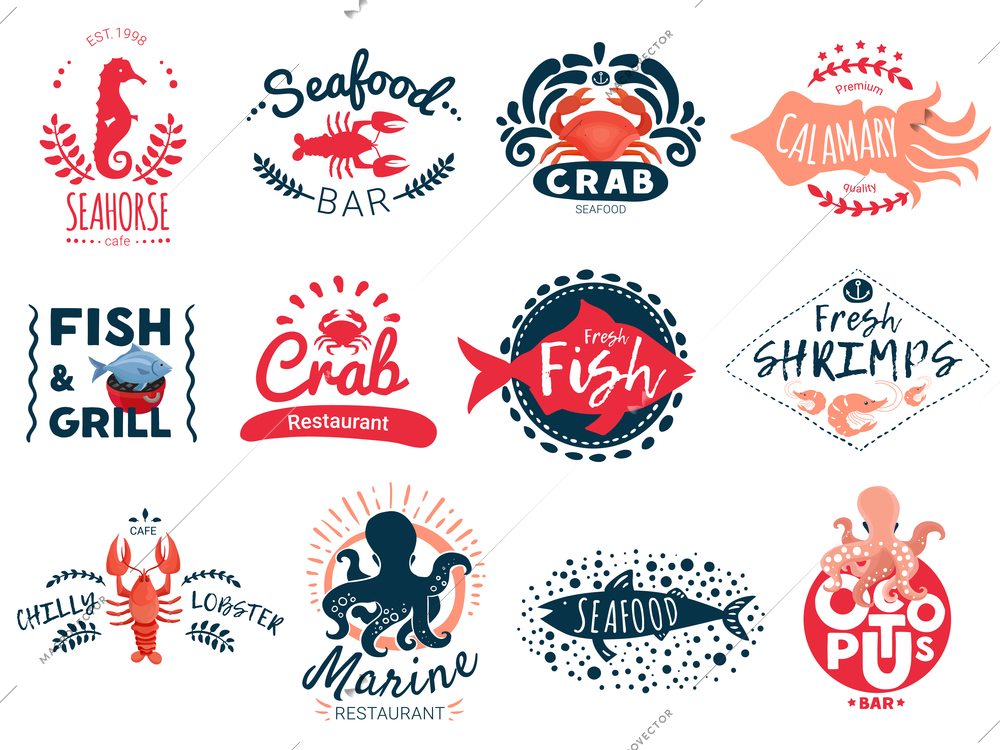 Seafood emblem logo set of twelve isolated logotypes for bars and marine food restaurants with fish images vector illustration