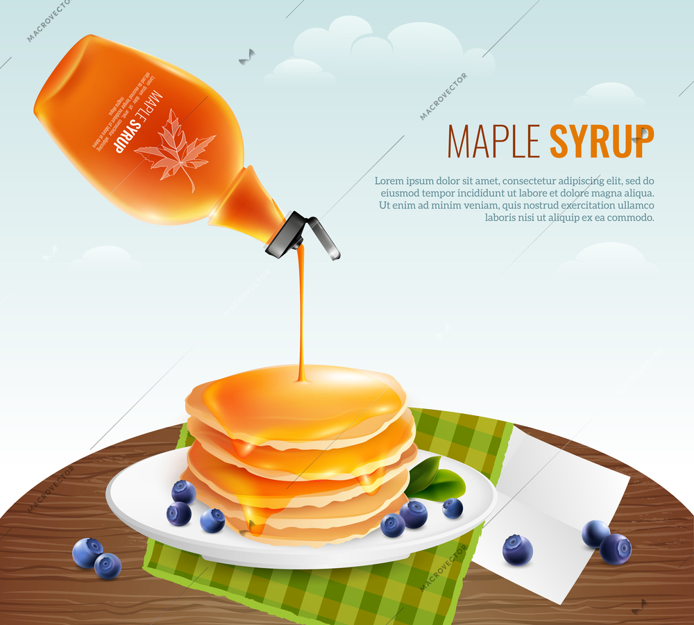 Maple syrup concept with table pancakes and berries cartoon vector illustration