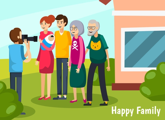 Colored aged elderly people flat composition with happy family headline and full big family come together vector illustration
