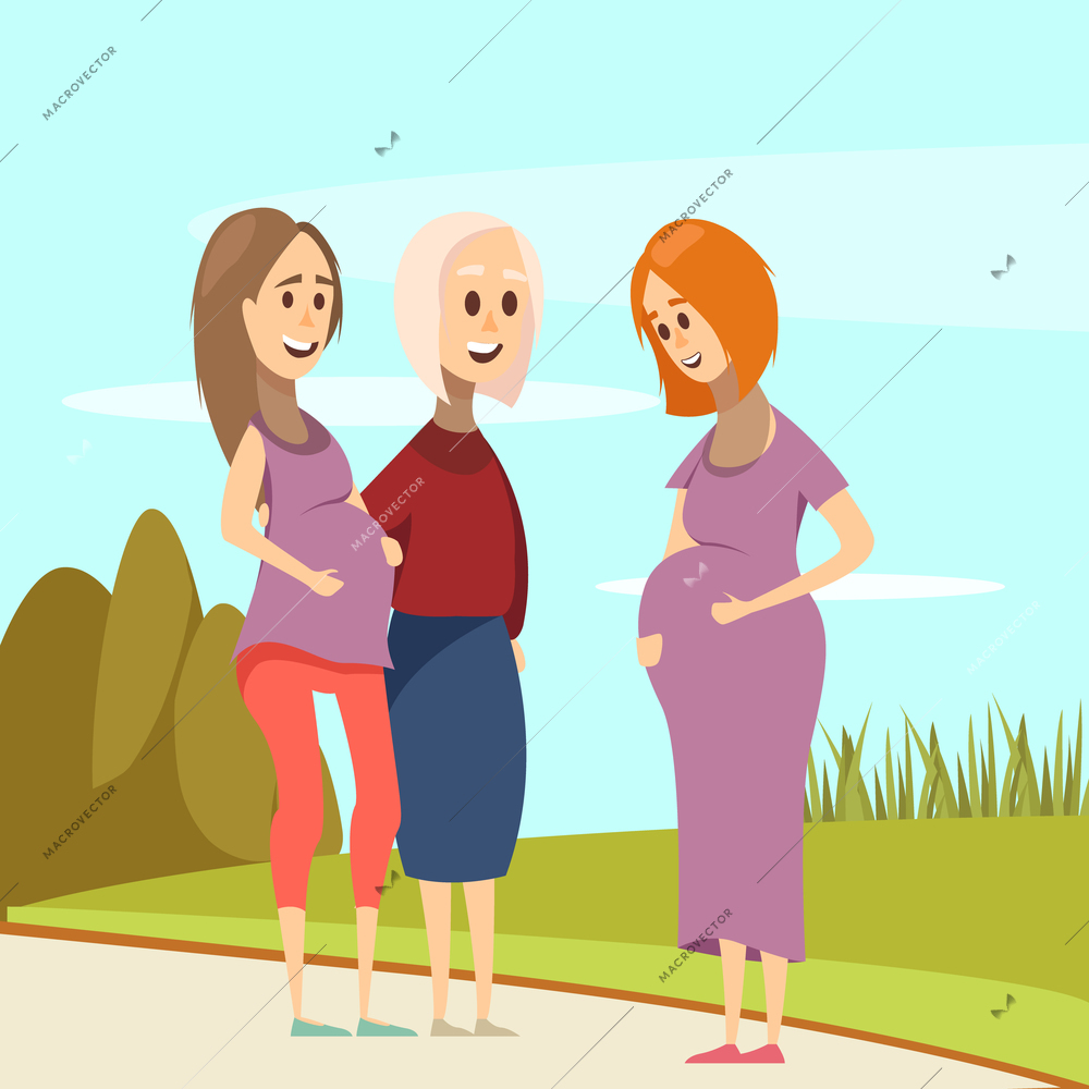 Flat colored pregnancy composition with three women on a walk in the park vector illustration