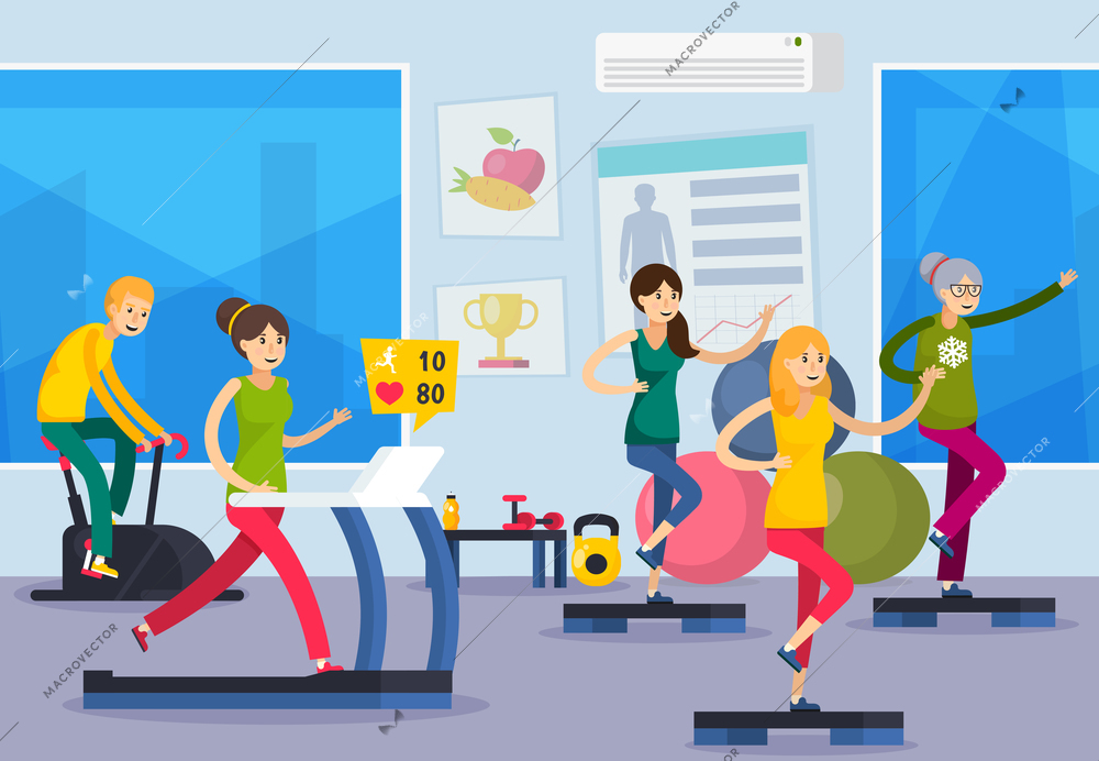 Colored flat fitness training people orthogonal composition with people at gym workout vector illustration