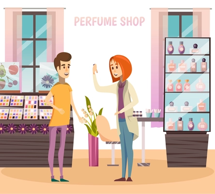 Perfume shop composition with the seller advises the buyer at the store vector illustration