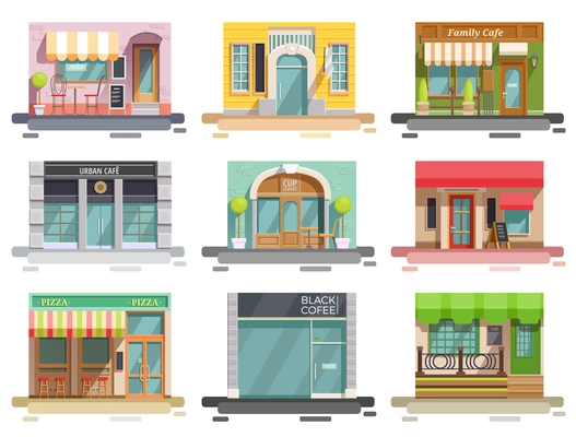 Cafe flat collection of nine isolated doodle style images with storefronts and different interior design elements vector illustration