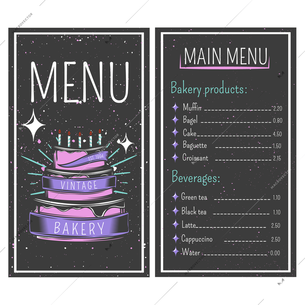 Bakery menu with flour products and beverages on black background with stains vintage style vector illustration