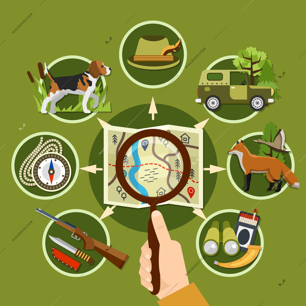 Professional hunter and equipment concept with animals rifle and compass flat vector illustration