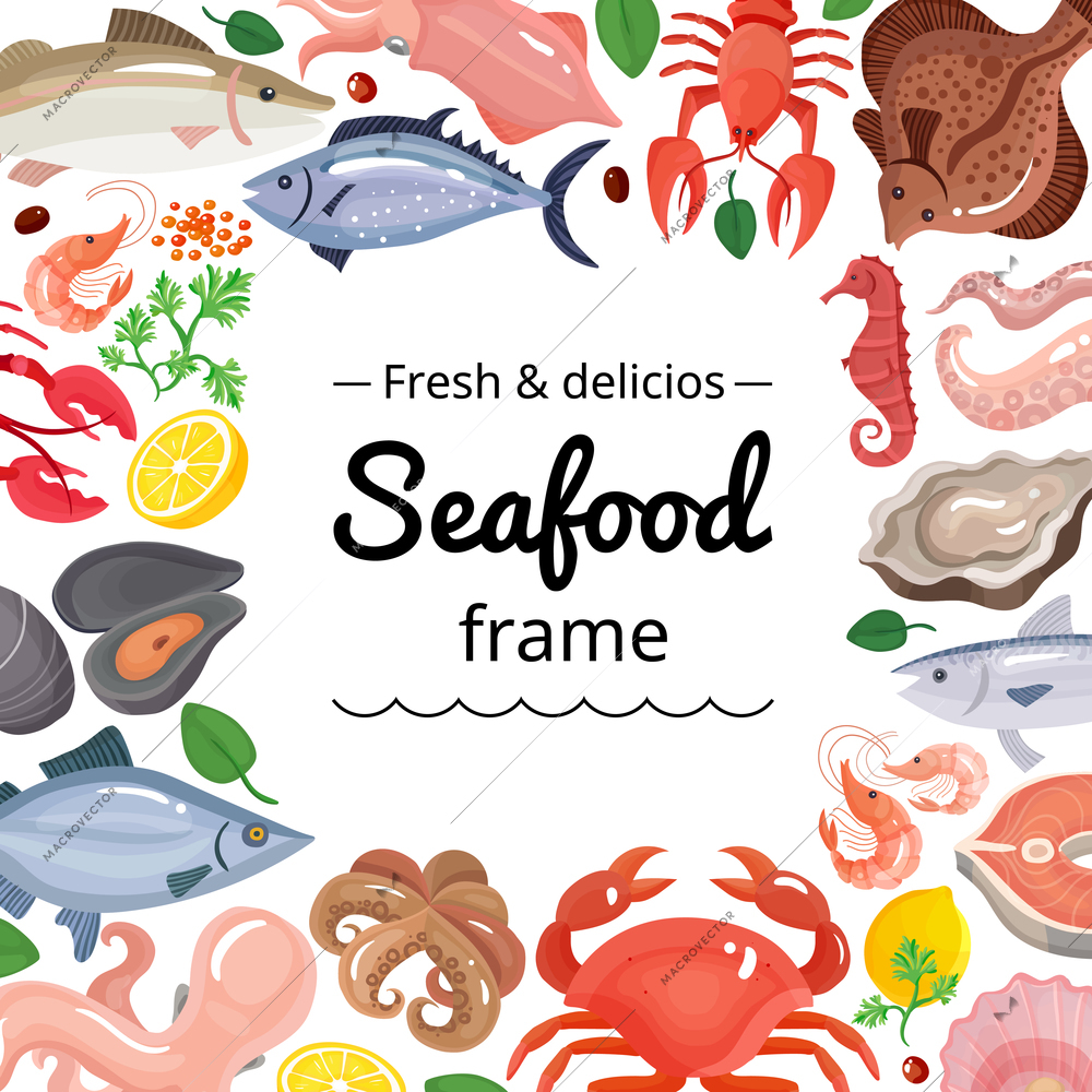 Seafood background frame with isolated images of marine food products with empty square place for text vector illustration