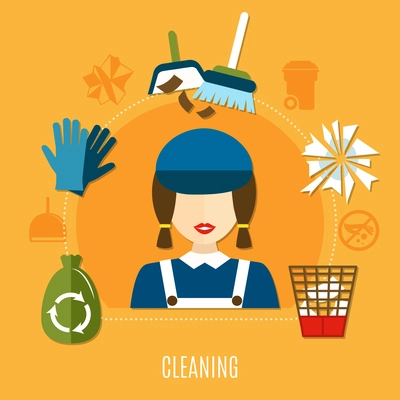 Garbage composition with uniformed charwoman female character cleaning equipment and waste icons with no littering pictograms vector illustration