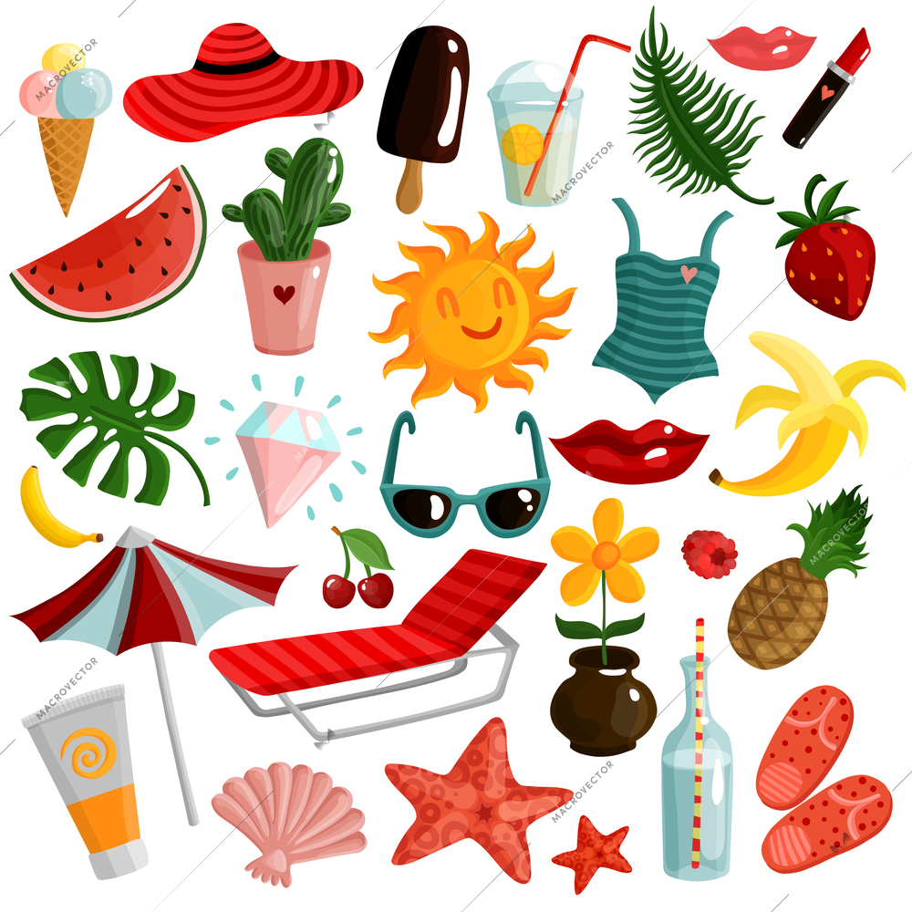 Set of summer accessories with sunbed, umbrella, sunscreen, swimsuit, ice cream, fruits, palm leaves isolated vector illustration