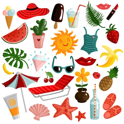 Set of summer accessories with sunbed, umbrella, sunscreen, swimsuit, ice cream, fruits, palm leaves isolated vector illustration