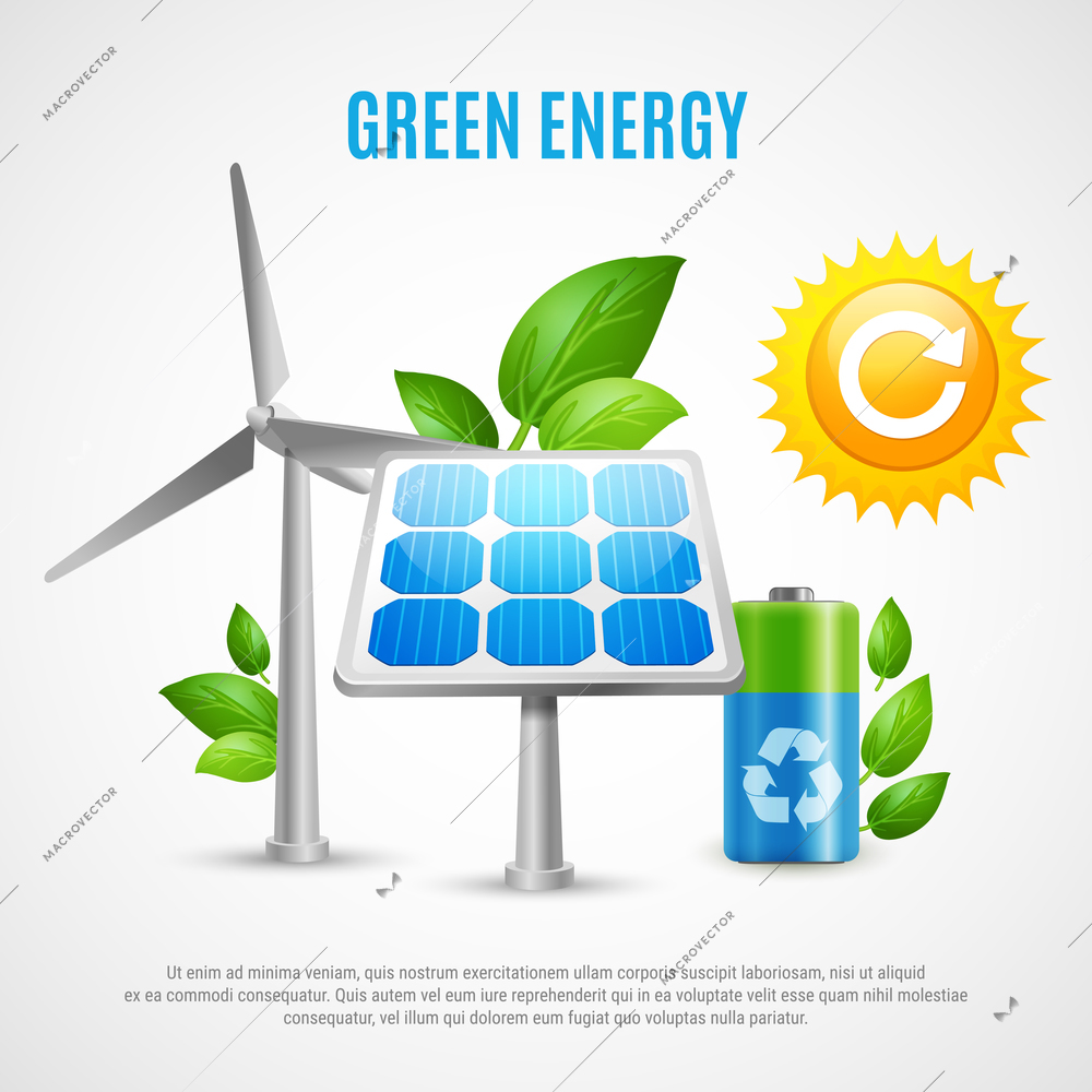 Green energy realistic vector illustration with wind turbines solar panels ecologically clean battery symbols