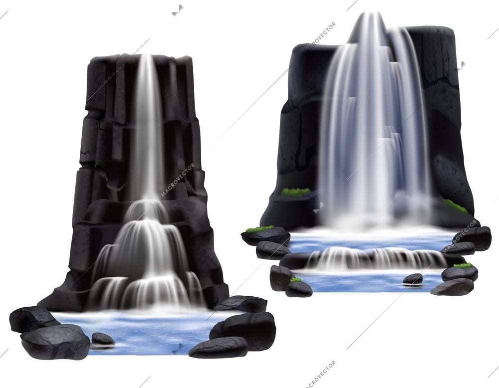 Colored waterfalls realistic composition set for game development and building two different variants vector illustration