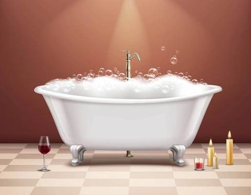 Realistic white bathtub with foam composition romantic atmosphere with a glass of wine and candles vector illustration