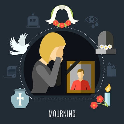 Mourning concept set with photo flowers and tears flat vector illustration