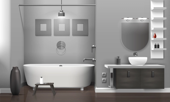 Realistic bathroom interior with white tub and sink, decor on grey wall, vase on floor vector illustration