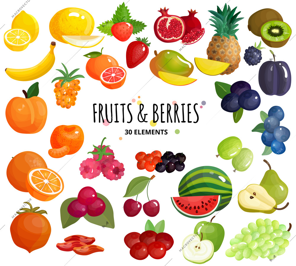 Mediterranean fruits and fresh farmers market berries mix colorful 30 icons composition white background poster vector illustration