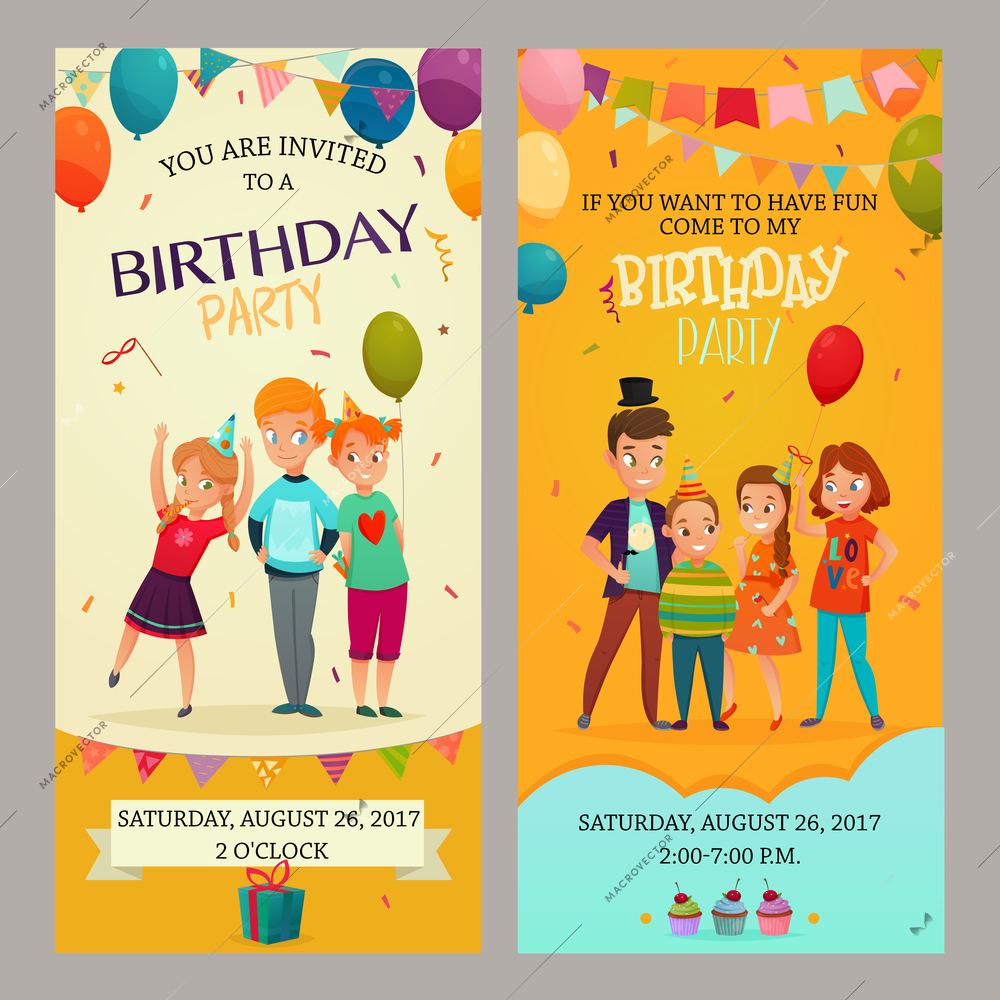 Kids birthday party 2 funny vertical retro banners invitations set with date time decorations isolated vector illustration