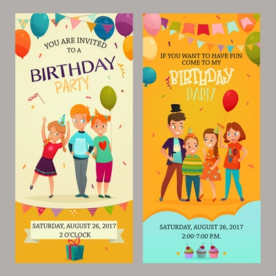 Kids birthday party 2 funny vertical retro banners invitations set with date time decorations isolated vector illustration