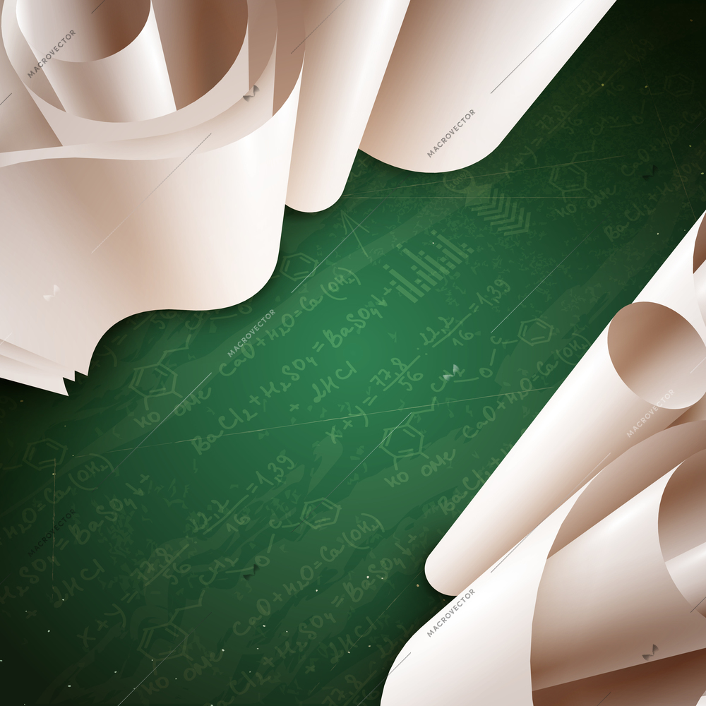 3d blank paper rolls on green background with notes and formulas realistic vector illustration