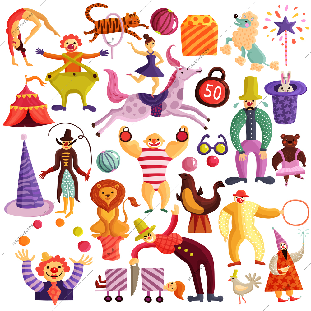 Circus decorative colorful icons set with red tent, clowns, acrobats, juggler, magicians, trained animals isolated vector illustration