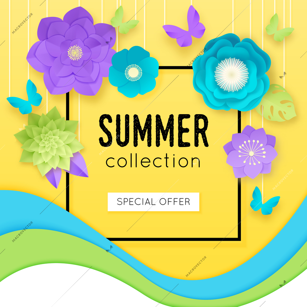 3d paper flowers poster with summer collection special offer headline at the center vector illustration