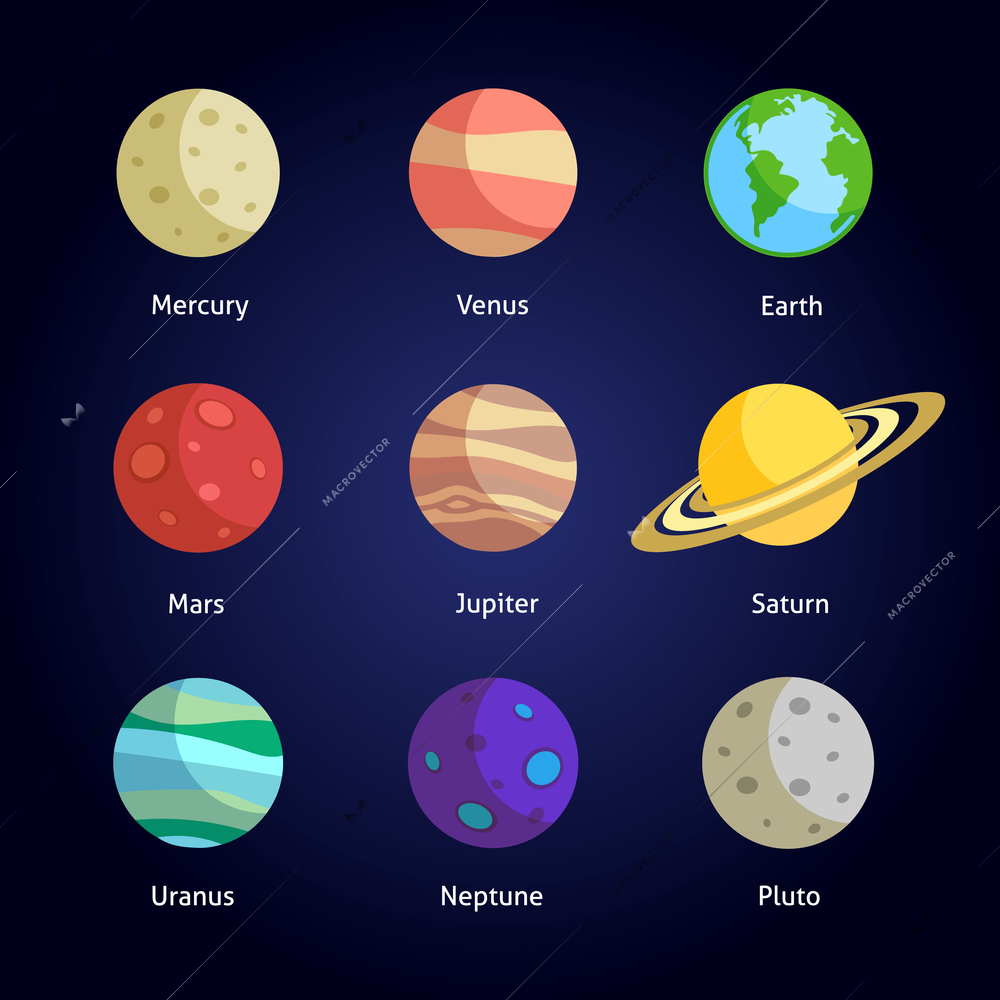 Solar system planets decorative icons set isolated on dark background vector illustration