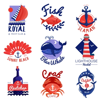 Set of nautical emblems for cafe, club, hostel with calligraphic letterings, anchor, sea animals isolated vector illustration