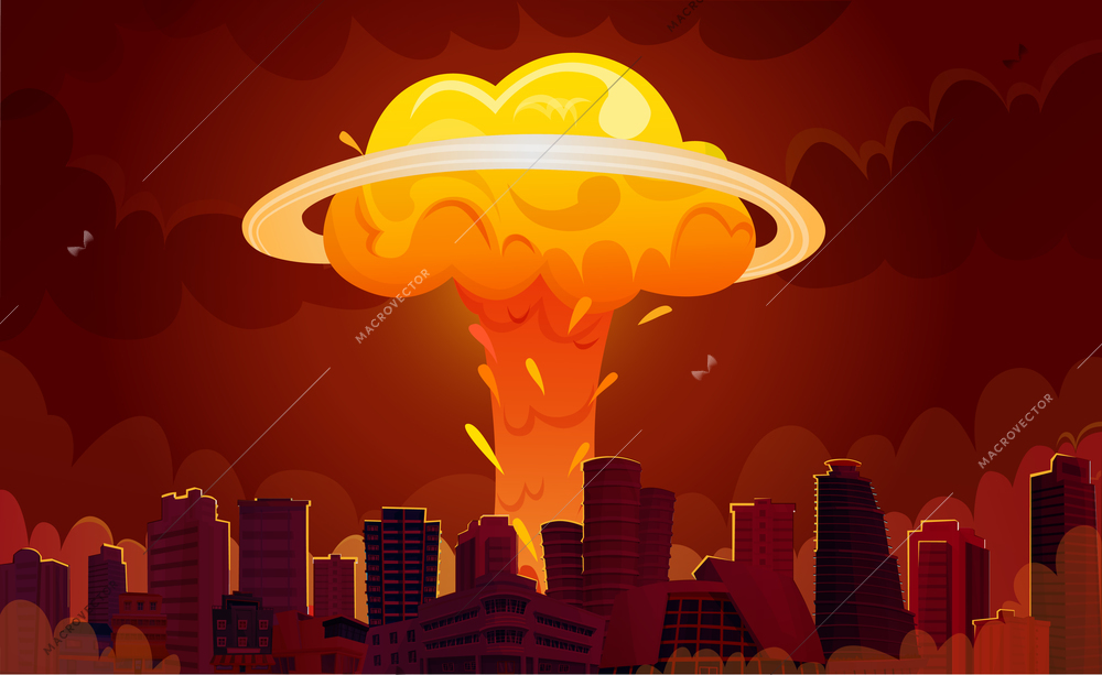 Downtown city center skyscrapers with bright orange fiery nuclear explosion mushroom clouds retro cartoon poster vector illustration