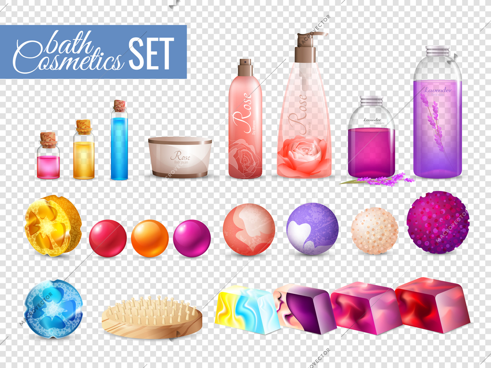 Bath handmade cosmetics collection on transparent background with colorful squeeze bottles soap balls and shower pouf vector illustration