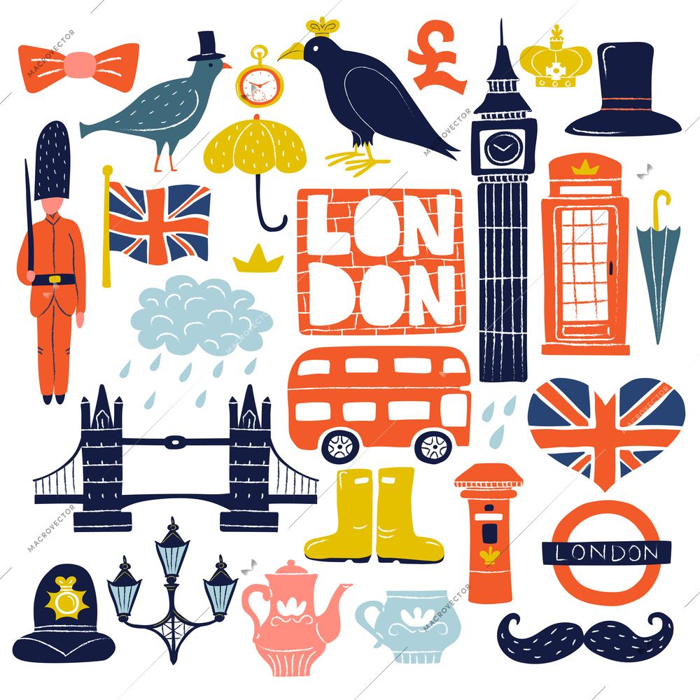 Set of london landmarks with tower bridge, big ben, ravens, double decker bus, guard isolated vector illustration