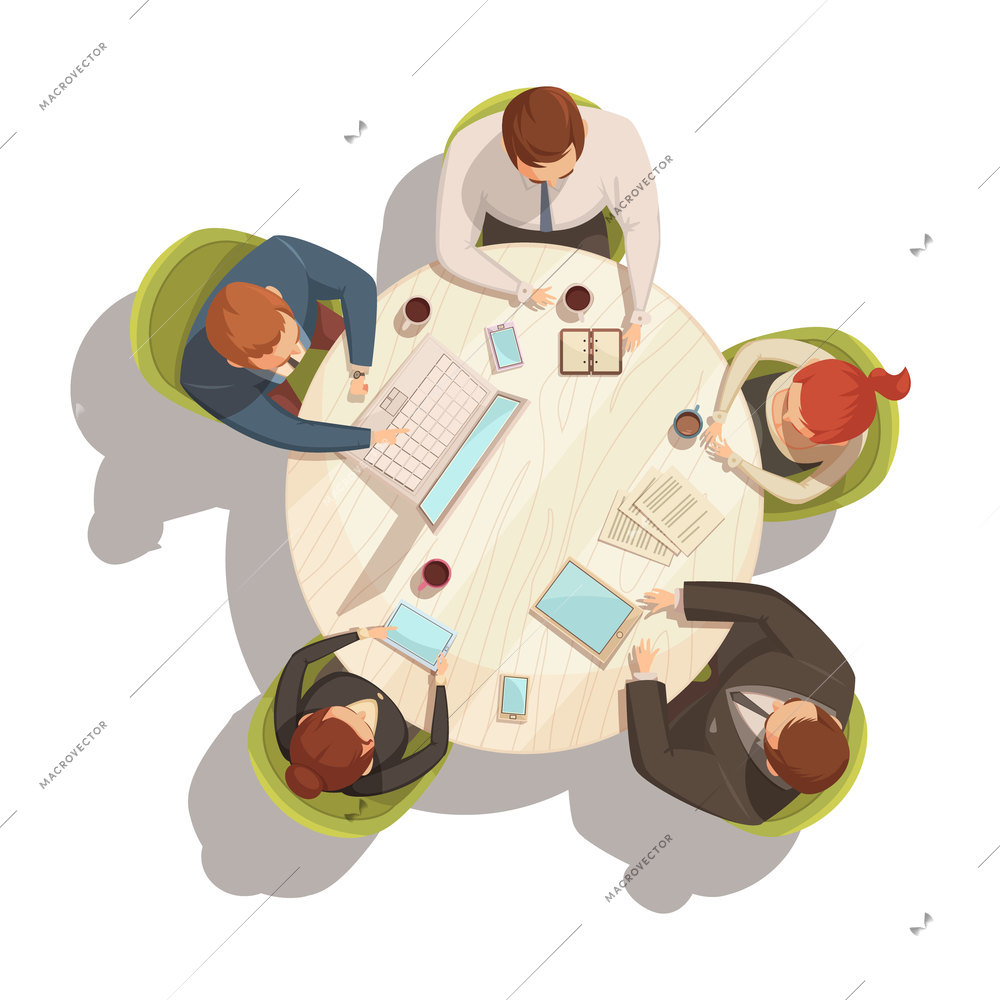 Business meeting cartoon top view concept with table and people  vector illustration