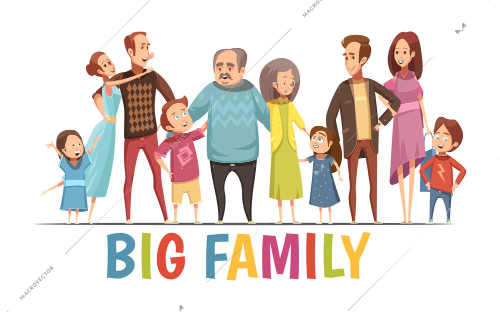 Big happy harmonious family portrait with grandparents two young couples and little children cartoon vector illustration