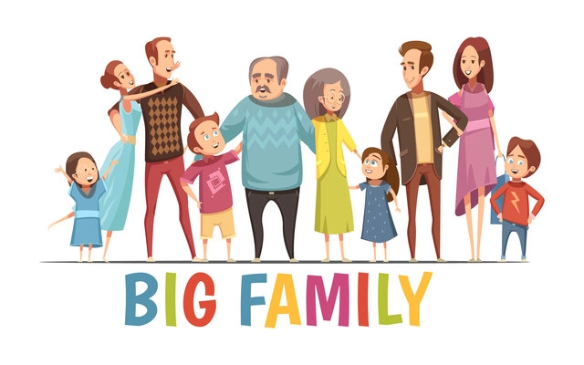 Big happy harmonious family portrait with grandparents two young couples and little children cartoon vector illustration