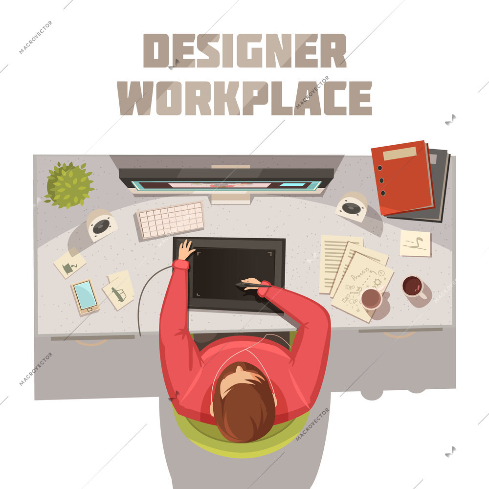 Designer workplace cartoon concept with coffee books and computer vector illustration