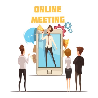 Online meeting concept with smartphone screen and people cartoon vector illustration