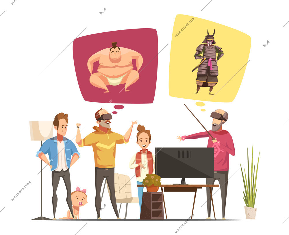 Family hobbies design concept with family members cartoon figurines and their virtual reality glasses flat vector illustration