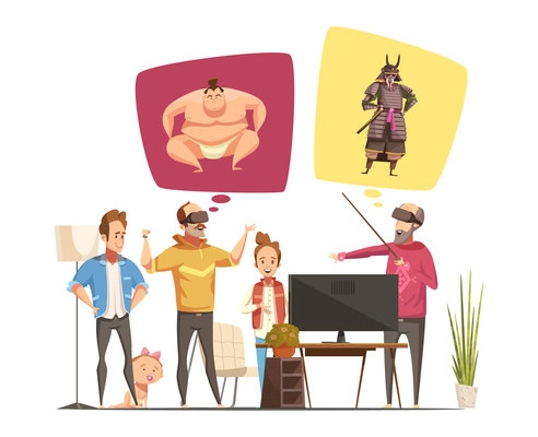 Family hobbies design concept with family members cartoon figurines and their virtual reality glasses flat vector illustration