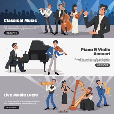 Three horizontal musician banner set with classical music piano and violin concert live music event descriptions vector illustration